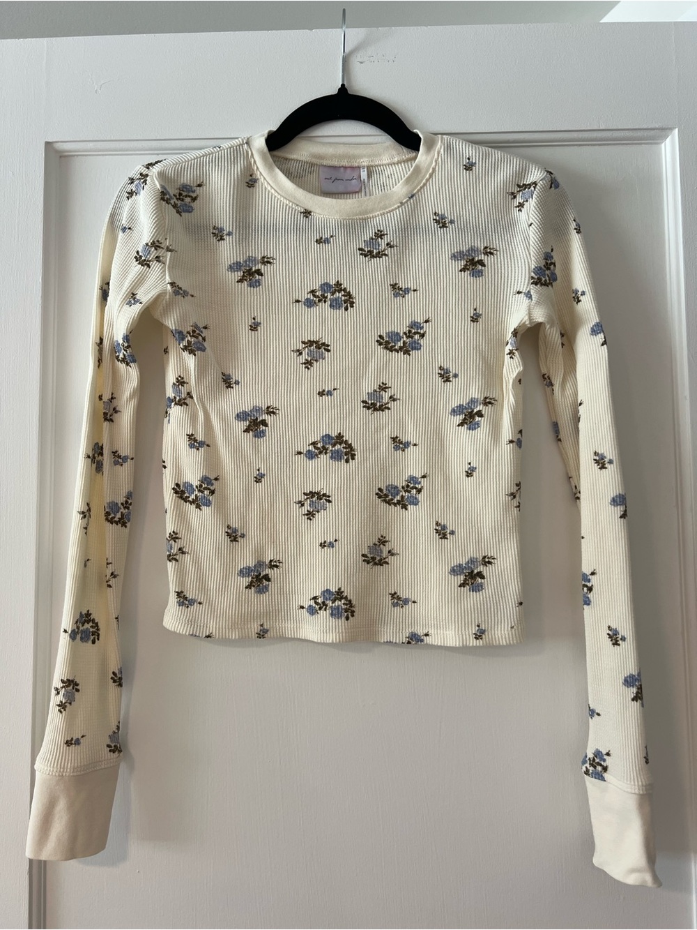 Coquette Girl Cream Floral Ribbed Long Sleeve Tee